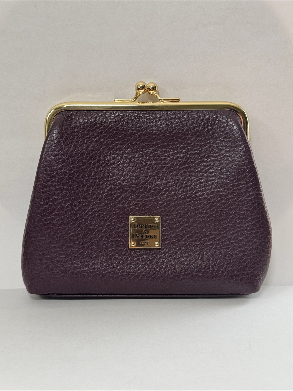 Dooney & Bourke Deep Plum Pebble Grain Leather Large Framed Kisslock Coin Purse